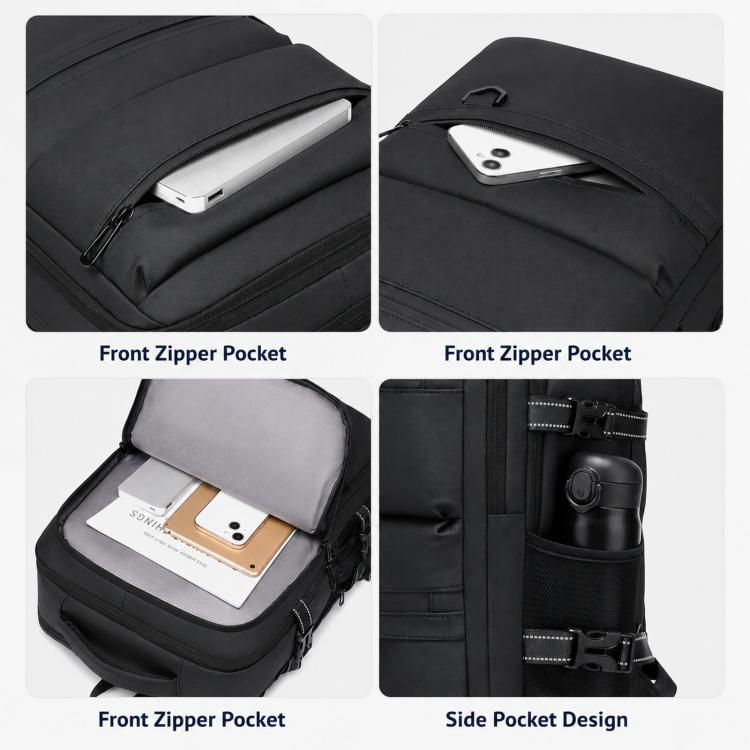 Men's black waterproof laptop backpack showing front zip pocket and side pocket design