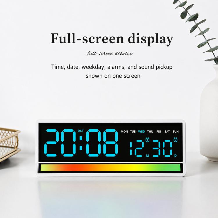 LED Digital Alarm Clock with Sound-Activated RGB Light Large Display with Date/Day/Temperature Support USB Output