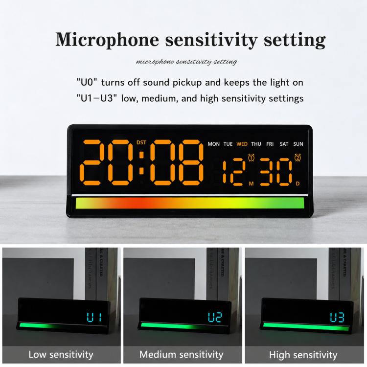 LED Digital Alarm Clock with Sound-Activated RGB Light Large Display with Date/Day/Temperature Support USB Output