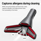 Vacuum bed dusting brush with red scrubbing strips and black suction head