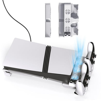 Horizontal cooling stand with charging dock for two PS5 controllers and console