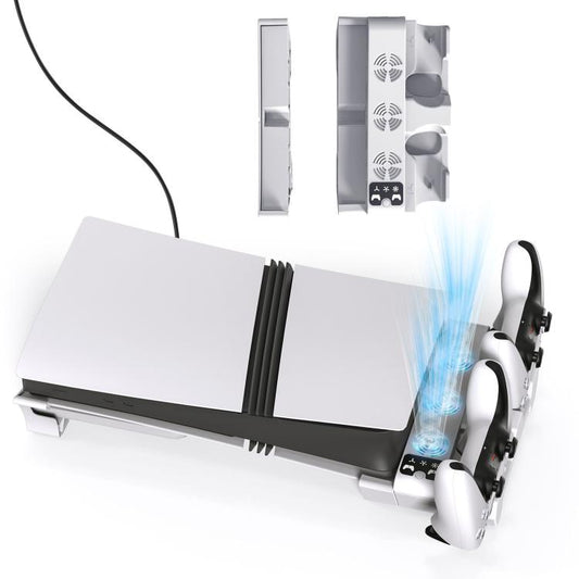 Horizontal cooling stand with charging dock for two PS5 controllers and console
