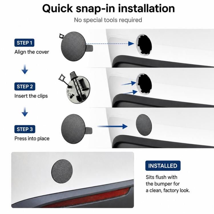 Rear bumper tow hook cover with snap-in clips shown for quick installation