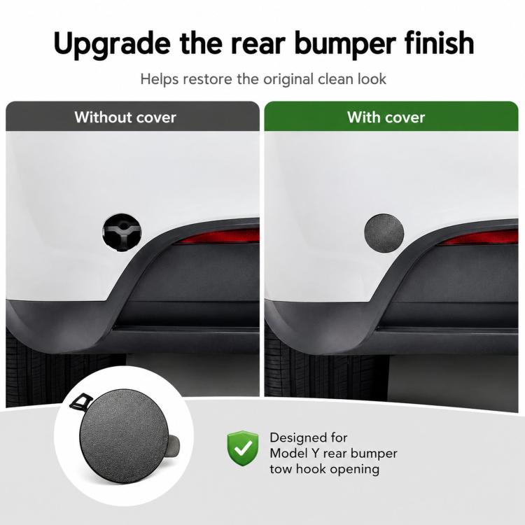 Rear bumper tow hook cover installed on the bumper near the tow hook opening
