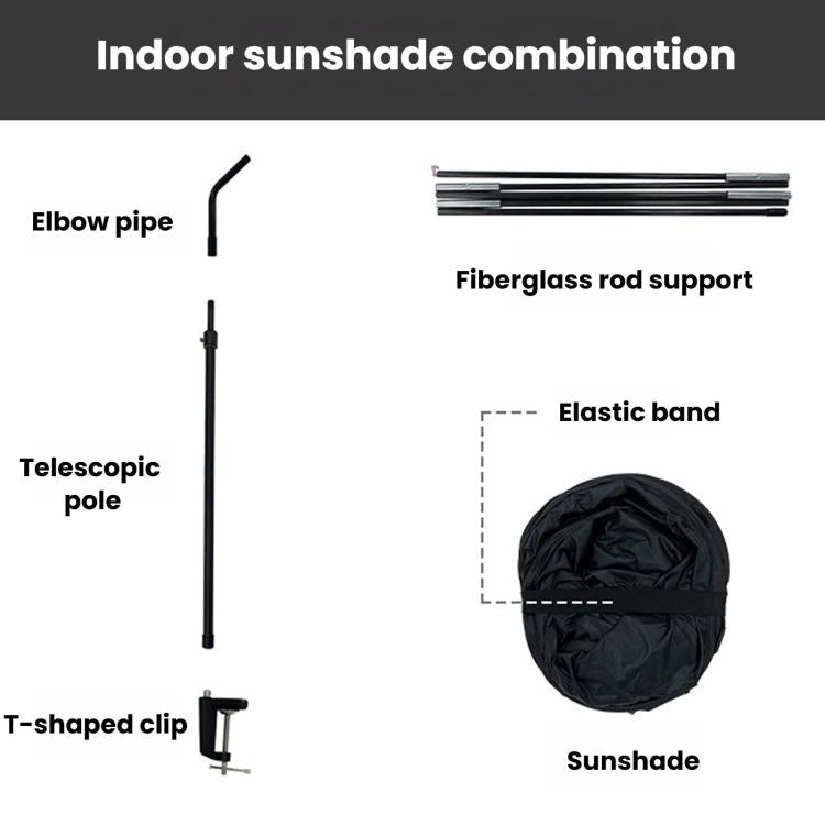 Indoor sunshade kit parts: telescopic pole, fiberglass rod supports, T-clip, elastic band, shade