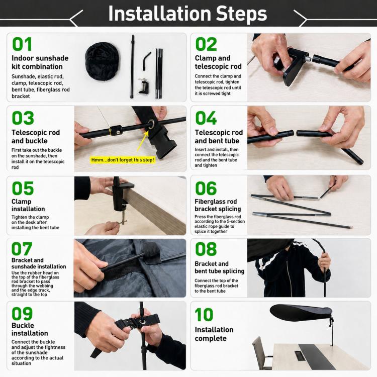 Indoor sunshade installation steps diagram showing clamps, telescopic rods, and shade