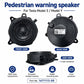 Pedestrian warning speaker horn module, showing front, rear, and side views