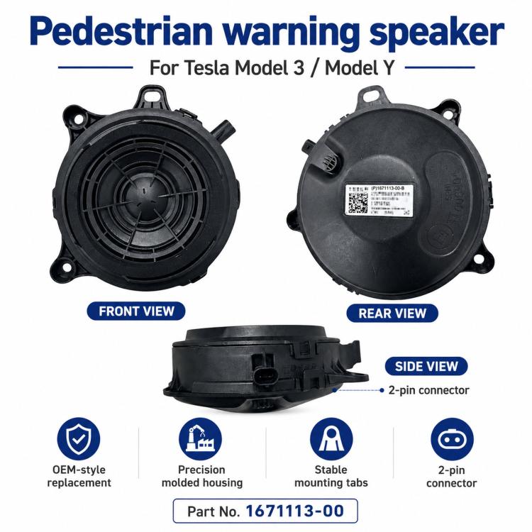 Pedestrian warning speaker horn module, showing front, rear, and side views