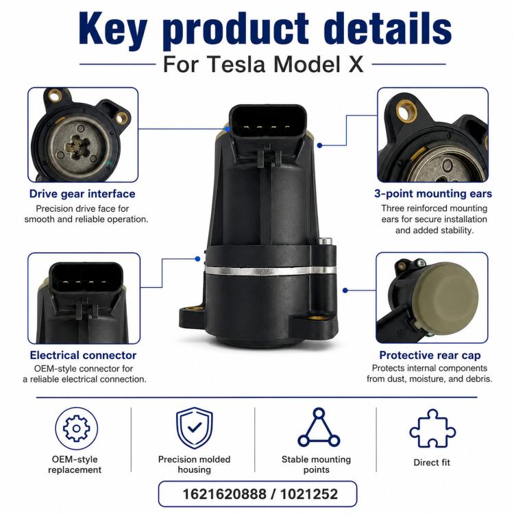 Brake caliper motor with black connector housing, mounting ears, and protective rear cap