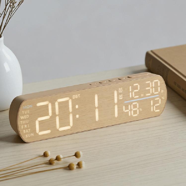 Wood-grain LED digital alarm clock with temperature display and glowing time digits