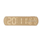 Wood-grain LED digital alarm clock with day-of-week labels and temperature readout