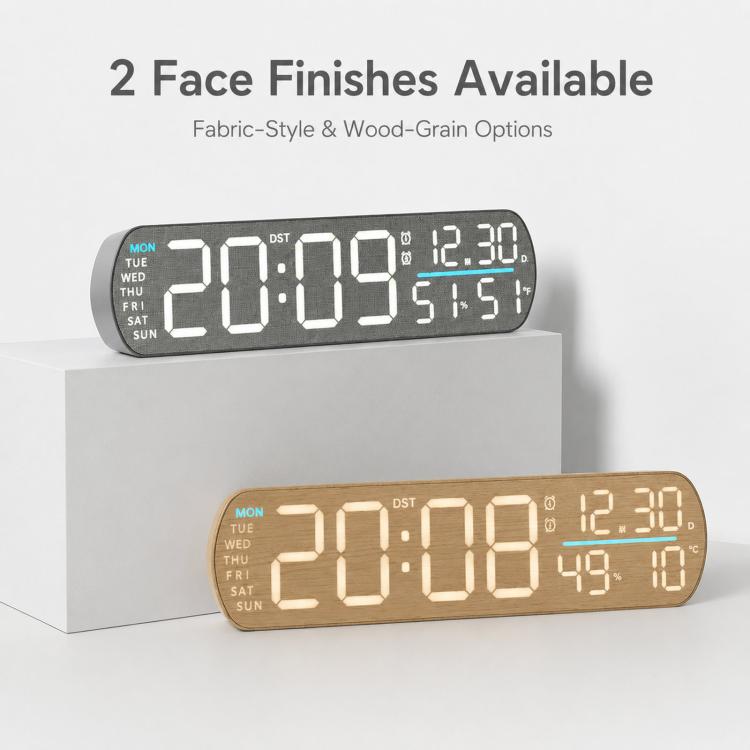 LED digital alarm clock showing two finishes: dark fabric face and wood-grain face