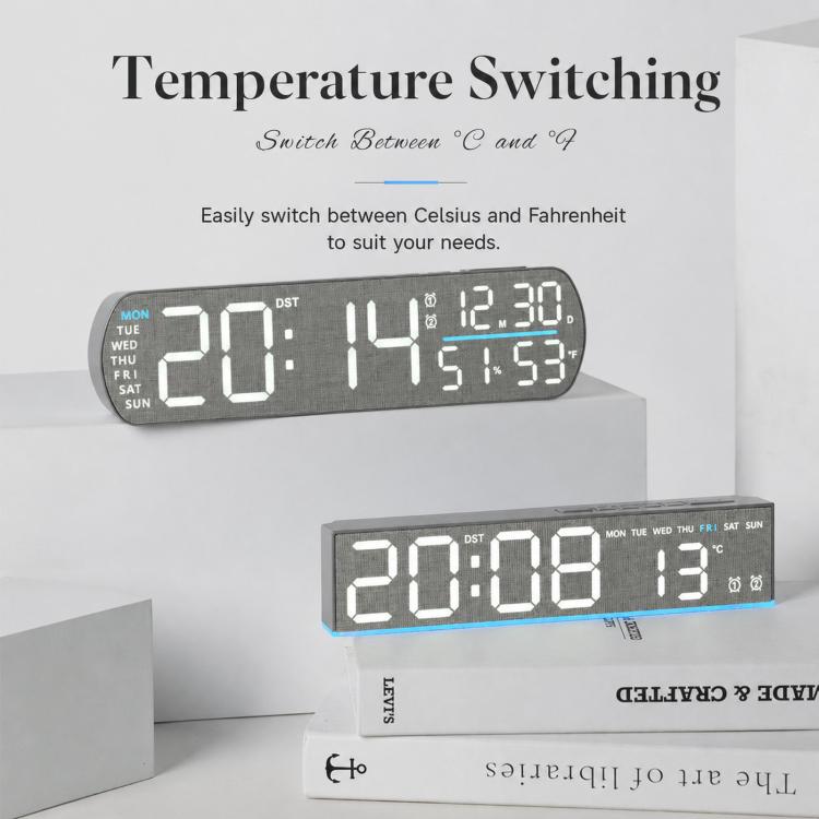 Fabric-style LED digital alarm clock with temperature switching readout and time digits