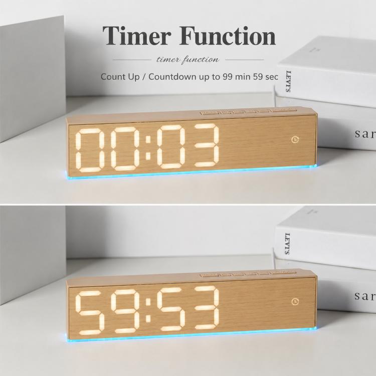 LED digital alarm clock with light wood body, large time digits, and blue glow line