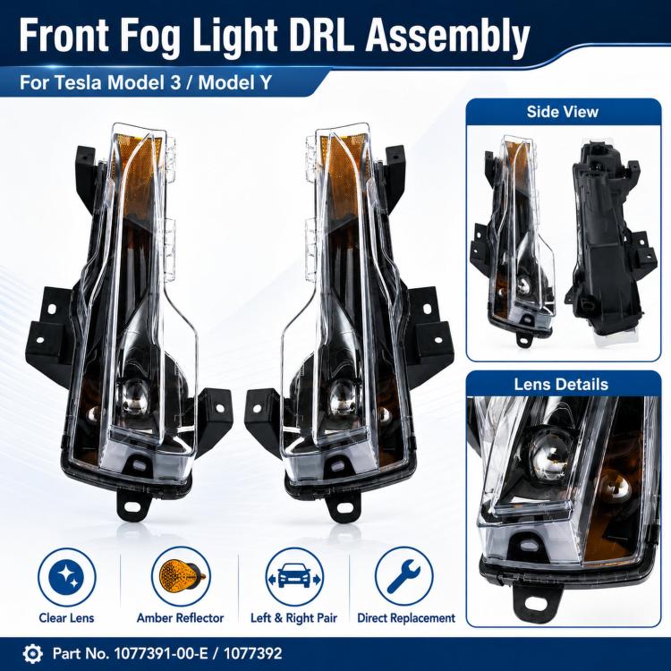 Front fog light DRL assembly set with clear lenses and amber reflectors, labeled