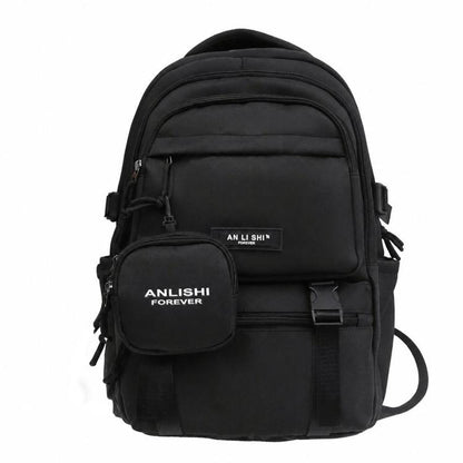 Black school backpack with front pocket and detachable round coin pouch
