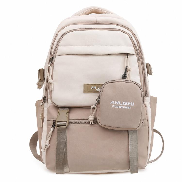 Beige school backpack with front compartment and detachable round coin pouch