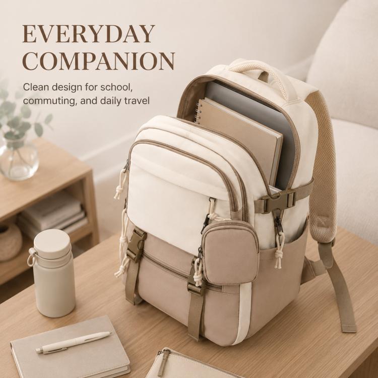 Beige school backpack with front compartment and detachable coin pouch