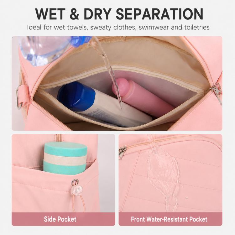 Pink duffel bag with water-resistant front pocket and side pocket shown