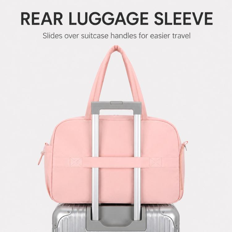 Pink duffel travel bag with rear luggage sleeve and top carry handle