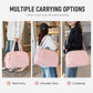 Pink duffel bag shown for hand, shoulder, and crossbody carrying