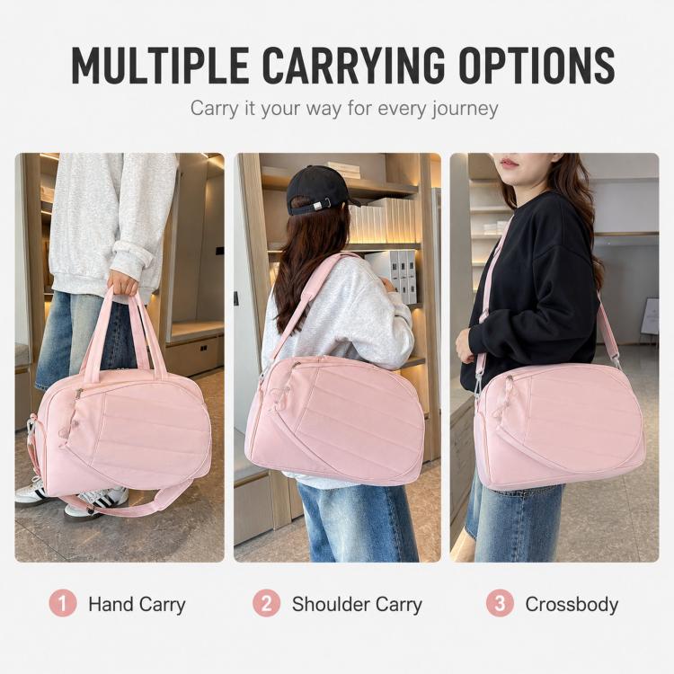 Pink duffel bag shown for hand, shoulder, and crossbody carrying
