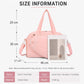 Pink sports travel duffel bag with side straps and handles, size diagram