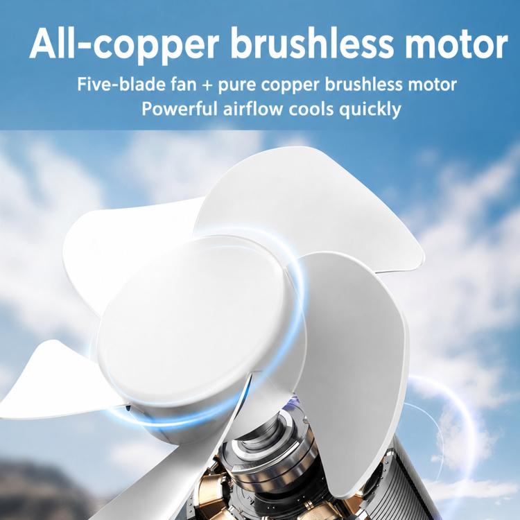 Fan head close-up with five-blade design and central motor housing, white and black