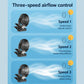 Three-speed portable fan control showing airflow settings with rotating head