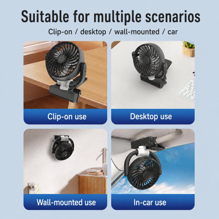 Portable clip-on fan mounted for desktop, wall, and in-car use with bracket