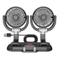 Dual-head portable car fan with phone holder base, two circular fan grilles