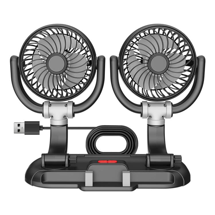 Dual-head portable car fan with phone holder base, two circular fan grilles