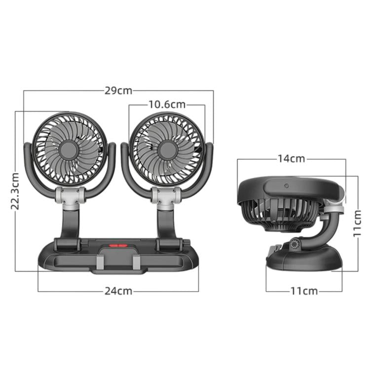 Dual-head car fan with adjustable stand, showing size dimensions and folding base