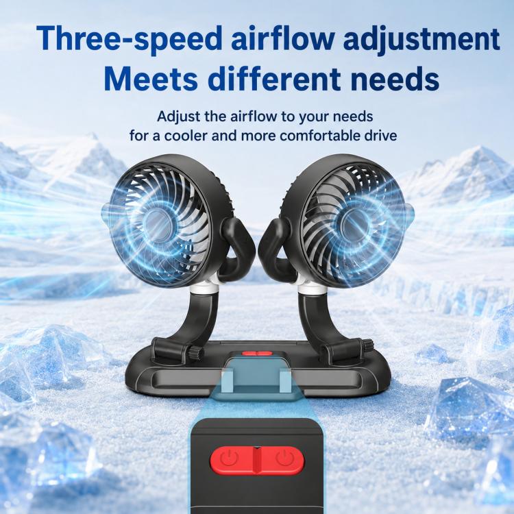 Dual-head car fan with phone holder display mount and two round grille fans