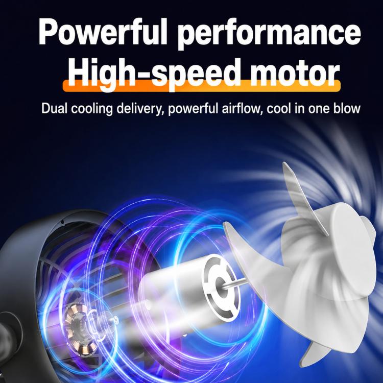 Dual-head car fan with high-speed motor airflow shown near fan blades