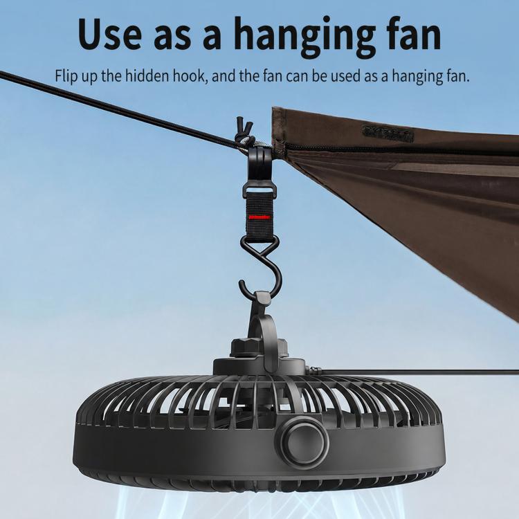 Car hanging cooling fan with hook and clip-style power plug, shown overhead