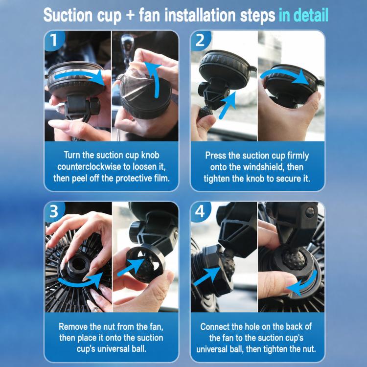 Car fan suction-cup installation steps with knob, windshield mount, and universal ball