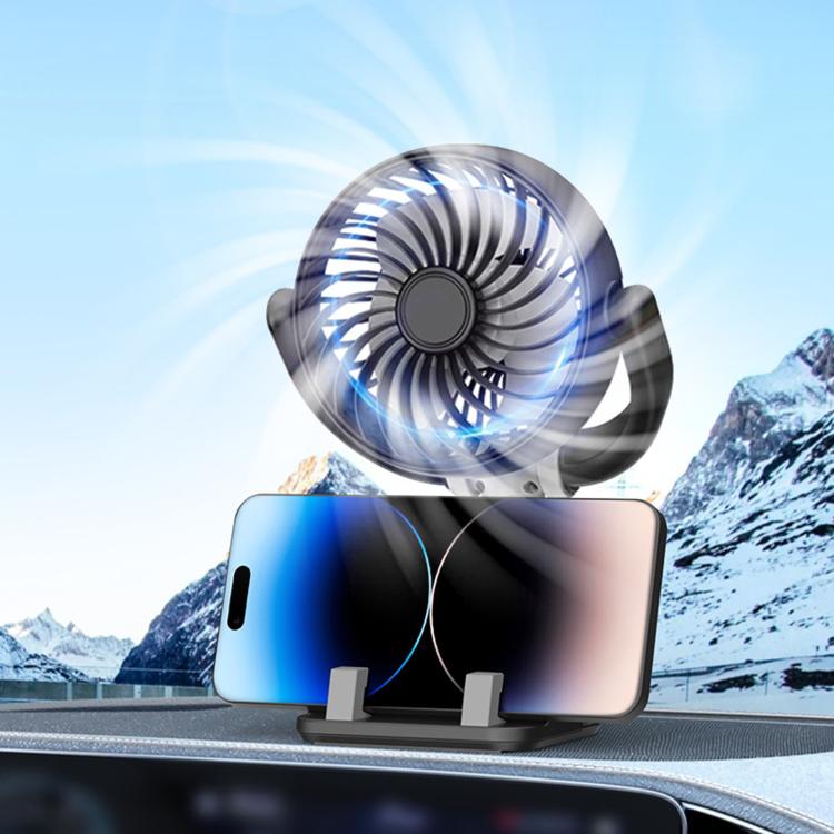 Car cooling fan with adjustable phone holder, black fan with gray mounting base