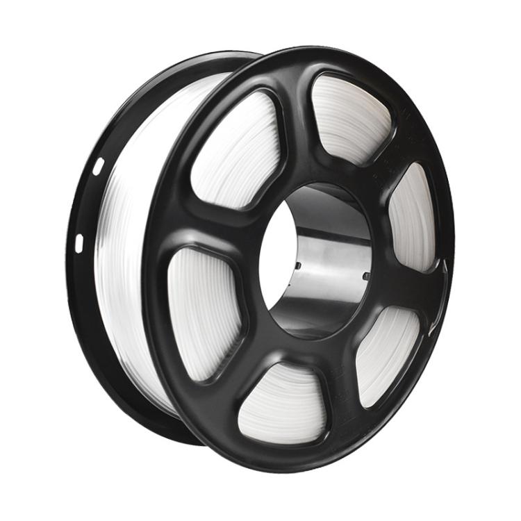 White PETG filament spool on black reel, front view