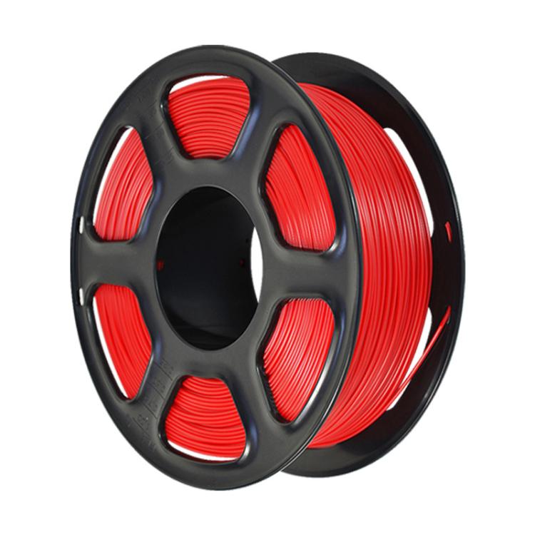 Red PETG filament spool on black reel, front view