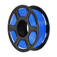Blue PETG filament spool on black reel, front view