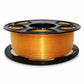 Orange glitter PETG filament on black spool reel, fine metallic sparkle wound tight