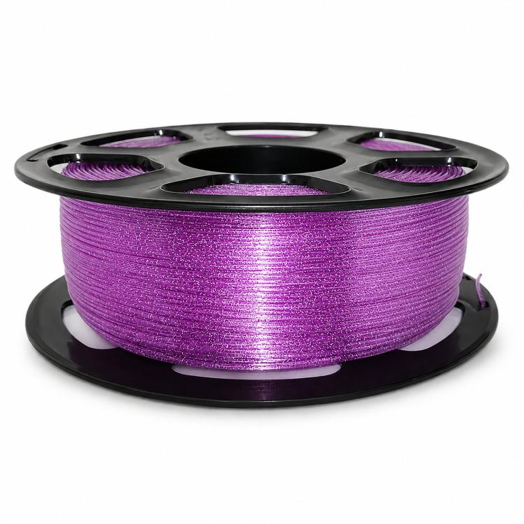 Purple glitter PETG filament on black spool reel, bright sparkly metallic finish