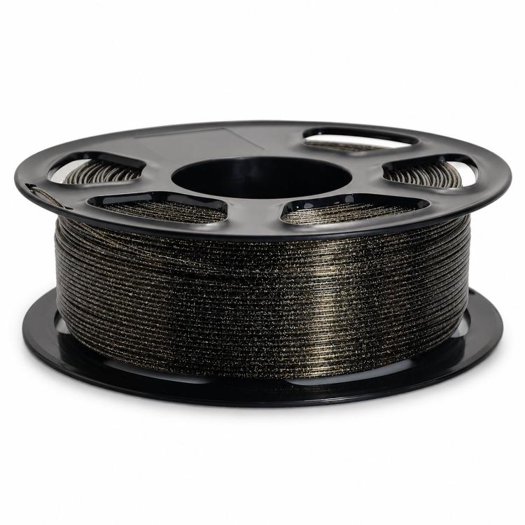 Dark gray glitter PETG filament on black spool reel, metallic speckled sparkle finish