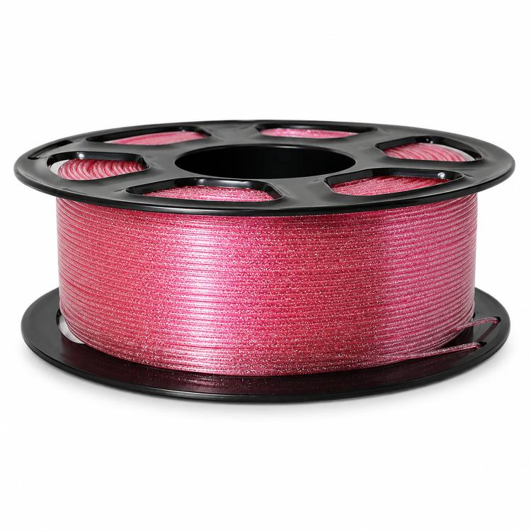 Rose red glitter PETG filament on black spool reel, glossy sparkly filament wound