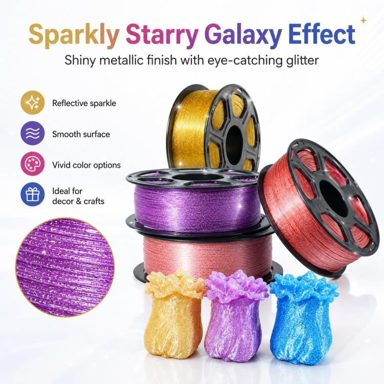 Sparkly galaxy-effect PETG filament spools with glittery metallic strands
