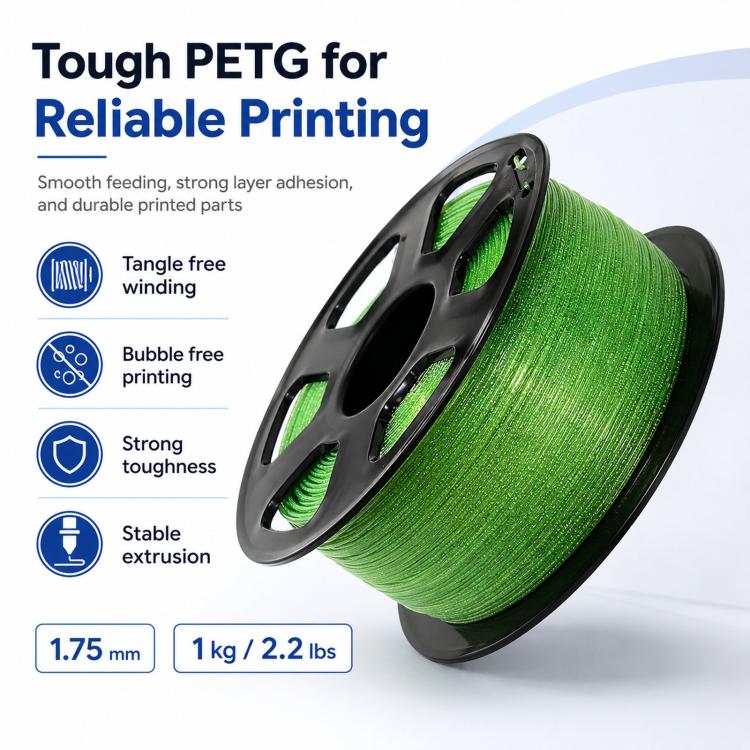 Green glitter PETG filament spool for 3D printing, wound on black reel
