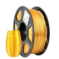 Gold metallic PLA filament on black spool with orange cone-shaped label