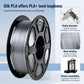Silver metallic PLA filament on black spool, tightly wound coil for 3D printing