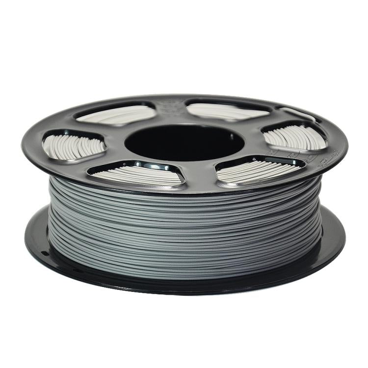 Matte PLA filament spool, cool gray strands on black reel